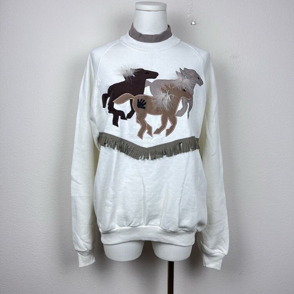 Vintage Sweatshirt Adult Large 90s Horse Feathers Southwestern Fringe Grandma